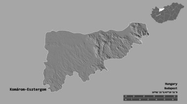 Macaristan 'ın Komarom-Esztergom ilçesi, başkenti sağlam bir zemine sahip. Uzaklık ölçeği, bölge önizlemesi ve etiketleri. Çift seviyeli yükseklik haritası. 3B görüntüleme
