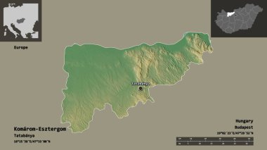 Macaristan 'ın Komarom-Esztergom ilçesi ve başkenti. Uzaklık ölçeği, ön gösterimler ve etiketler. Topografik yardım haritası. 3B görüntüleme