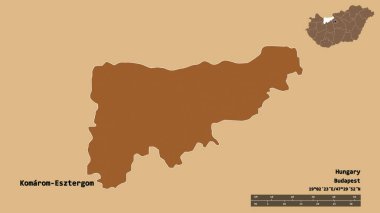 Macaristan 'ın Komarom-Esztergom ilçesi, başkenti sağlam bir zemine sahip. Uzaklık ölçeği, bölge önizlemesi ve etiketleri. Desenli dokuların bileşimi. 3B görüntüleme