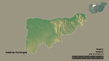 Macaristan 'ın Komarom-Esztergom ilçesi, başkenti sağlam bir zemine sahip. Uzaklık ölçeği, bölge önizlemesi ve etiketleri. Topografik yardım haritası. 3B görüntüleme