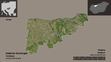 Macaristan 'ın Komarom-Esztergom ilçesi ve başkenti. Uzaklık ölçeği, ön gösterimler ve etiketler. Uydu görüntüleri. 3B görüntüleme