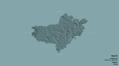 Macaristan 'ın Nograd ilçesi, jeoreferatlı bir sınır kutusunda sağlam bir arka planda izole edilmiş. Etiketler. Renkli yükseklik haritası. 3B görüntüleme