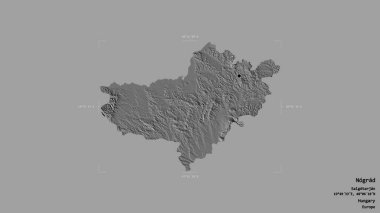 Macaristan 'ın Nograd ilçesi, jeoreferatlı bir sınır kutusunda sağlam bir arka planda izole edilmiş. Etiketler. Çift seviyeli yükseklik haritası. 3B görüntüleme