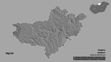 Macaristan 'ın Nograd kenti, başkenti sağlam bir zemin üzerinde izole edilmiştir. Uzaklık ölçeği, bölge önizlemesi ve etiketleri. Çift seviyeli yükseklik haritası. 3B görüntüleme