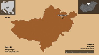 Macaristan 'ın Nograd ilçesi ve başkenti. Uzaklık ölçeği, ön gösterimler ve etiketler. Desenli dokuların bileşimi. 3B görüntüleme