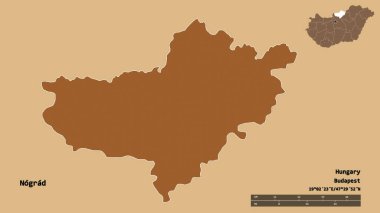 Macaristan 'ın Nograd kenti, başkenti sağlam bir zemin üzerinde izole edilmiştir. Uzaklık ölçeği, bölge önizlemesi ve etiketleri. Desenli dokuların bileşimi. 3B görüntüleme