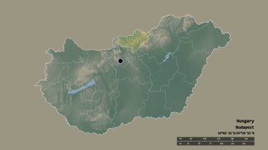 Macaristan 'ın sermayesi, ana bölgesel bölünmesi ve bölünmüş Nograd alanıyla dejenere olmuş hali. Etiketler. Topografik yardım haritası. 3B görüntüleme