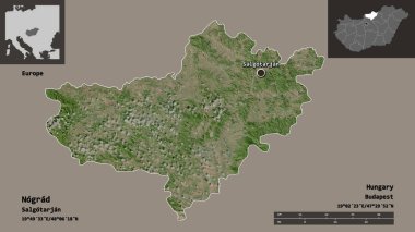 Macaristan 'ın Nograd ilçesi ve başkenti. Uzaklık ölçeği, ön gösterimler ve etiketler. Uydu görüntüleri. 3B görüntüleme
