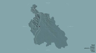Pest Bölgesi, Macaristan Bölgesi, katı bir arka planda izole edilmiş bir sınır kutusunda. Etiketler. Renkli yükseklik haritası. 3B görüntüleme
