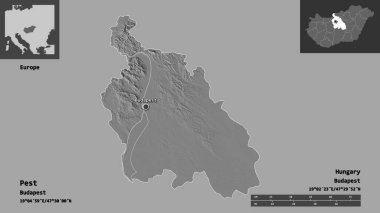 Macaristan ve başkenti Pest 'in şekli. Uzaklık ölçeği, ön gösterimler ve etiketler. Çift seviyeli yükseklik haritası. 3B görüntüleme