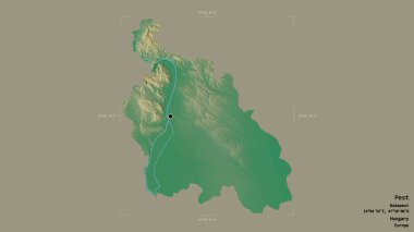 Pest Bölgesi, Macaristan Bölgesi, katı bir arka planda izole edilmiş bir sınır kutusunda. Etiketler. Topografik yardım haritası. 3B görüntüleme