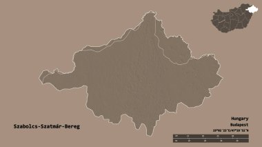 Macaristan 'ın başkenti Szabolcs-Szatmar-Bereg' in sağlam arka planda izole edilmiş hali. Uzaklık ölçeği, bölge önizlemesi ve etiketleri. Renkli yükseklik haritası. 3B görüntüleme