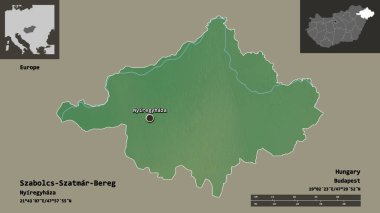 Macaristan ve başkenti Szabolcs-Szatmar-Bereg 'in şekli. Uzaklık ölçeği, ön gösterimler ve etiketler. Topografik yardım haritası. 3B görüntüleme