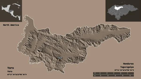 Yoro 'nun şekli, Honduras Bölümü ve başkenti. Uzaklık ölçeği, ön gösterimler ve etiketler. Renkli yükseklik haritası. 3B görüntüleme
