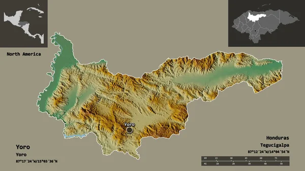 Yoro 'nun şekli, Honduras Bölümü ve başkenti. Uzaklık ölçeği, ön gösterimler ve etiketler. Topografik yardım haritası. 3B görüntüleme