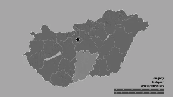 Magyarország Kiszáradt Alakja Fővárosával Regionális Divízióval Szétválasztott Bacs Kiskun Területtel — Stock Fotó