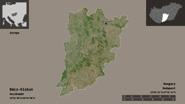 匈牙利的Bacs Kiskun形状及其首都 距离刻度 预览和标签 卫星图像 3D渲染 — 图库照片