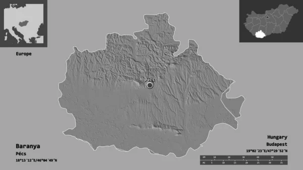 ハンガリーの郡であるBaranyaとその首都の形 距離スケール プレビューおよびラベル 標高マップ 3Dレンダリング — ストック写真