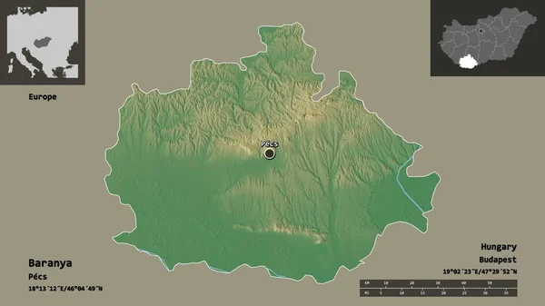 巴兰尼亚的形状 匈牙利的县城 距离刻度 预览和标签 地形浮雕图 3D渲染 — 图库照片