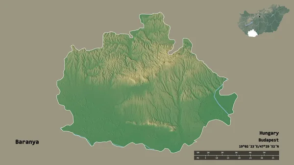 ハンガリーの郡であるBaranyaの形は その首都をしっかりとした背景に孤立させています 距離スケール リージョンプレビュー およびラベル 地形図 3Dレンダリング — ストック写真