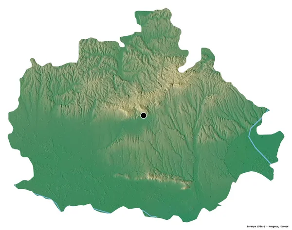 ハンガリーの郡Baranyaの形は 首都が白い背景に孤立しています 地形図 3Dレンダリング — ストック写真