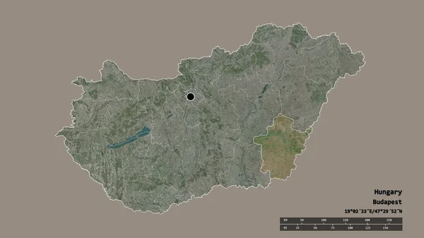 主要な地域部門と分離されたベークス地域とハンガリーの荒廃した形 ラベル 衛星画像 3Dレンダリング — ストック写真