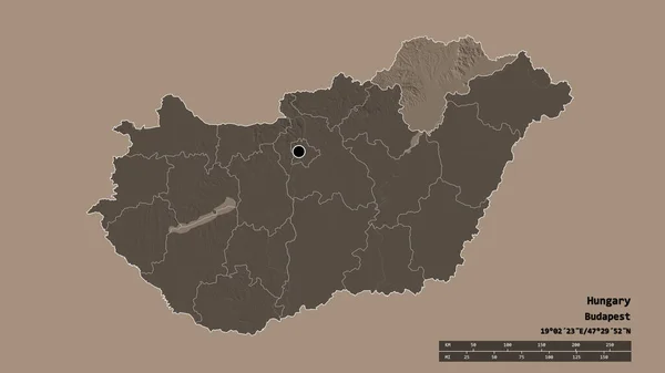 主要な地域部門と分離されたBorsod Abauj Zemplenエリアを持つハンガリーの荒廃した形 ラベル 色の標高マップ 3Dレンダリング — ストック写真