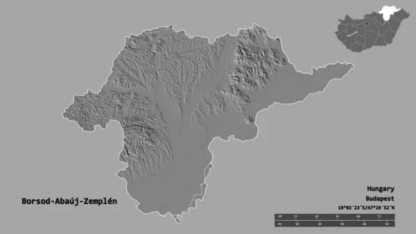 匈牙利的Borsod Abauj Zemplen县的形状 其首都背景坚实 距离尺度 区域预览和标签 Bilevel高程图 3D渲染 — 图库照片