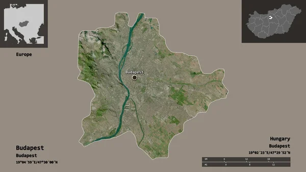 布达佩斯的形状 匈牙利的首都和首都 距离刻度 预览和标签 卫星图像 3D渲染 — 图库照片