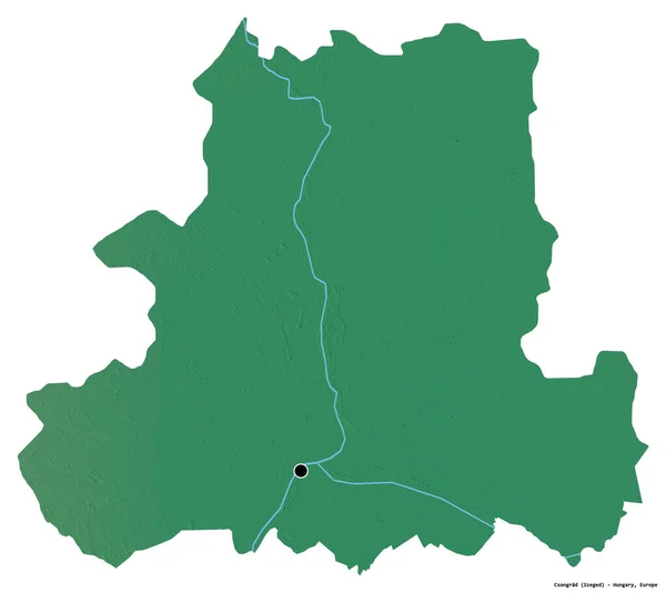 ハンガリーのカンソングラード県の形で その首都は白い背景に隔離されています 地形図 3Dレンダリング — ストック写真
