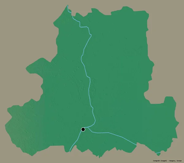ハンガリーのカンソングラード県の形で その首都はしっかりとした色の背景に隔離されています 地形図 3Dレンダリング — ストック写真