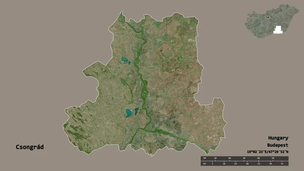 ハンガリーのカンソングラード県の形で その首都はしっかりとした背景に孤立しています 距離スケール リージョンプレビュー およびラベル 衛星画像 3Dレンダリング — ストック写真