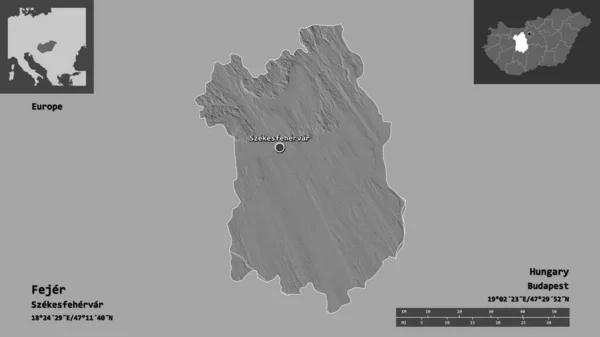 Fejer的形状 匈牙利的县城 距离刻度 预览和标签 Bilevel高程图 3D渲染 — 图库照片