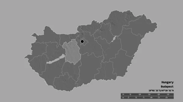 Magyarország Kiszáradt Alakja Fővárosával Regionális Megosztottságával Szétválasztott Fejer Területével Címkék — Stock Fotó