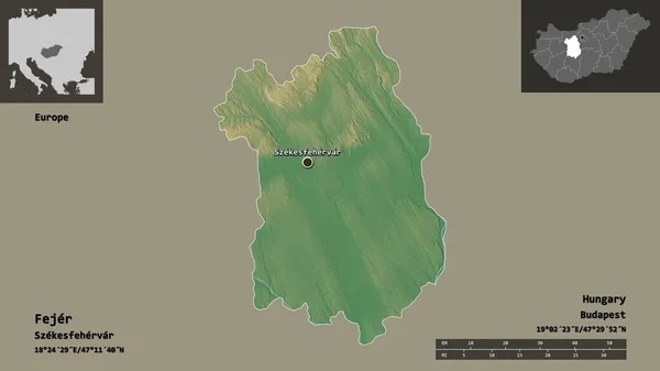 フェジャーの形 ハンガリーの郡とその首都 距離スケール プレビューおよびラベル 地形図 3Dレンダリング — ストック写真