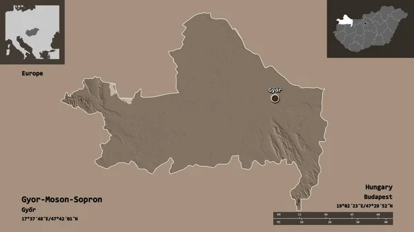 ハンガリーの郡であるGyor Moson Sopronとその首都の形 距離スケール プレビューおよびラベル 色の標高マップ 3Dレンダリング — ストック写真
