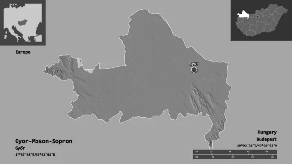 ハンガリーの郡であるGyor Moson Sopronとその首都の形 距離スケール プレビューおよびラベル 標高マップ 3Dレンダリング — ストック写真