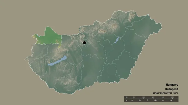 匈牙利以首都 主要区域分部和分离的Gyor Moson Sopron地区为首都的专制形态 地形浮雕图 3D渲染 — 图库照片