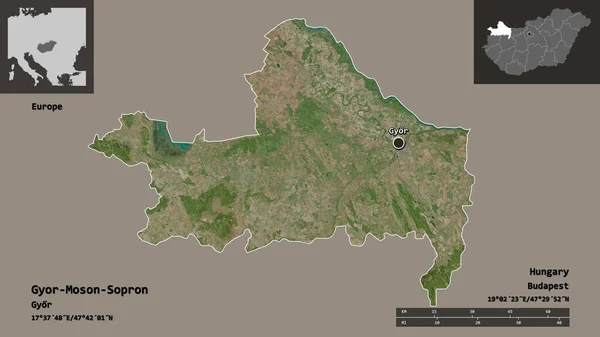 ハンガリーの郡であるGyor Moson Sopronとその首都の形 距離スケール プレビューおよびラベル 衛星画像 3Dレンダリング — ストック写真