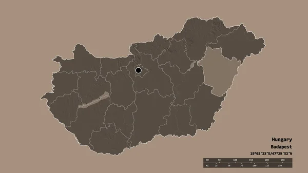 主要な地域部門と分離されたハッジ ビハール地域を持つハンガリーの荒廃した形 ラベル 色の標高マップ 3Dレンダリング — ストック写真