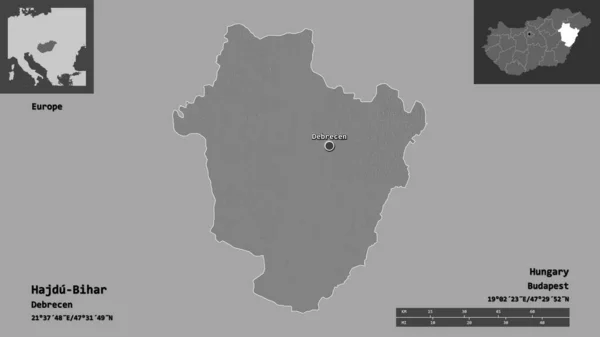ハドゥービハール ハンガリーの郡とその首都の形 距離スケール プレビューおよびラベル 標高マップ 3Dレンダリング — ストック写真