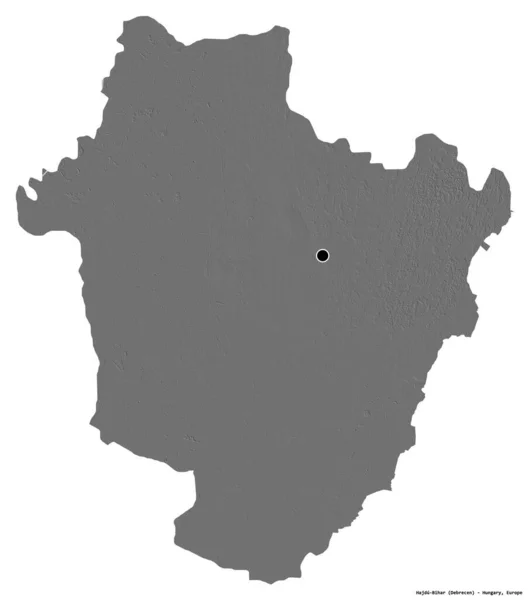 匈牙利Hajdu Bihar县的形状 其首都因白人背景而孤立 Bilevel高程图 3D渲染 — 图库照片