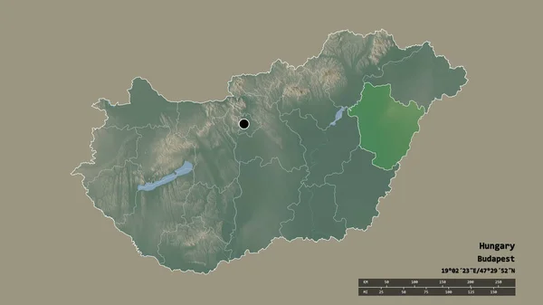 以首都 主要区域分部和分开的Hajdu Bihar地区为首都的匈牙利的绝望状态 地形浮雕图 3D渲染 — 图库照片