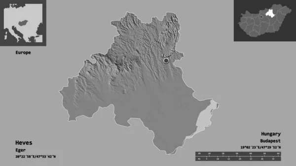 ヘヴスの形 ハンガリーの郡とその首都 距離スケール プレビューおよびラベル 標高マップ 3Dレンダリング — ストック写真