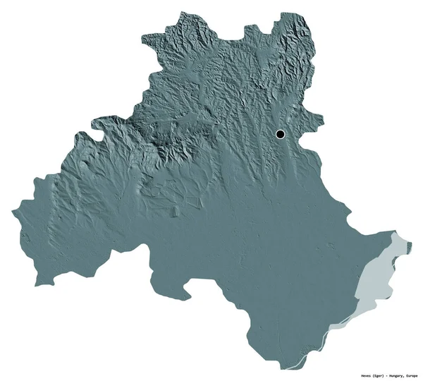 ハンガリーの郡であるヘヴスの形で 首都は白い背景に孤立している 色の標高マップ 3Dレンダリング — ストック写真