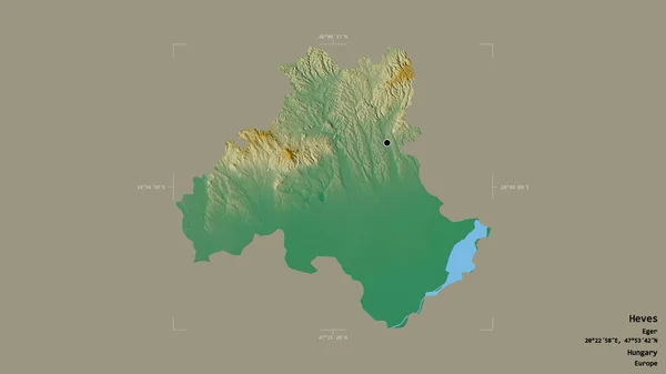 ハンガリーのヘヴス県は 地理的な境界の箱の中にしっかりとした背景に隔離されている ラベル 地形図 3Dレンダリング — ストック写真