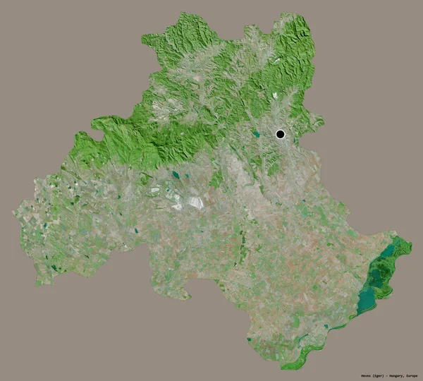 ハンガリーの県であるヘヴスの形は その首都をしっかりとした色の背景に隔離しています 衛星画像 3Dレンダリング — ストック写真