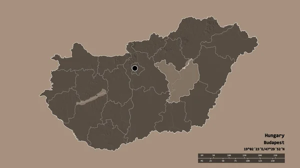 主要な地域部門と分離されたJasz Nagykun Szolnokエリアとハンガリーの荒廃した形状 ラベル 色の標高マップ 3Dレンダリング — ストック写真