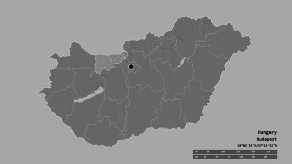 Magyarország Kiszáradt Alakja Fővárosával Regionális Divízióval Szétválasztott Komarom Esztergom Területtel — Stock Fotó