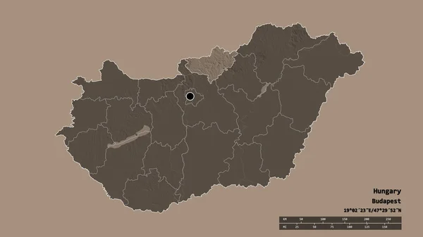 主要な地域部門と分離ノグラード地域とハンガリーの荒廃した形状 ラベル 色の標高マップ 3Dレンダリング — ストック写真